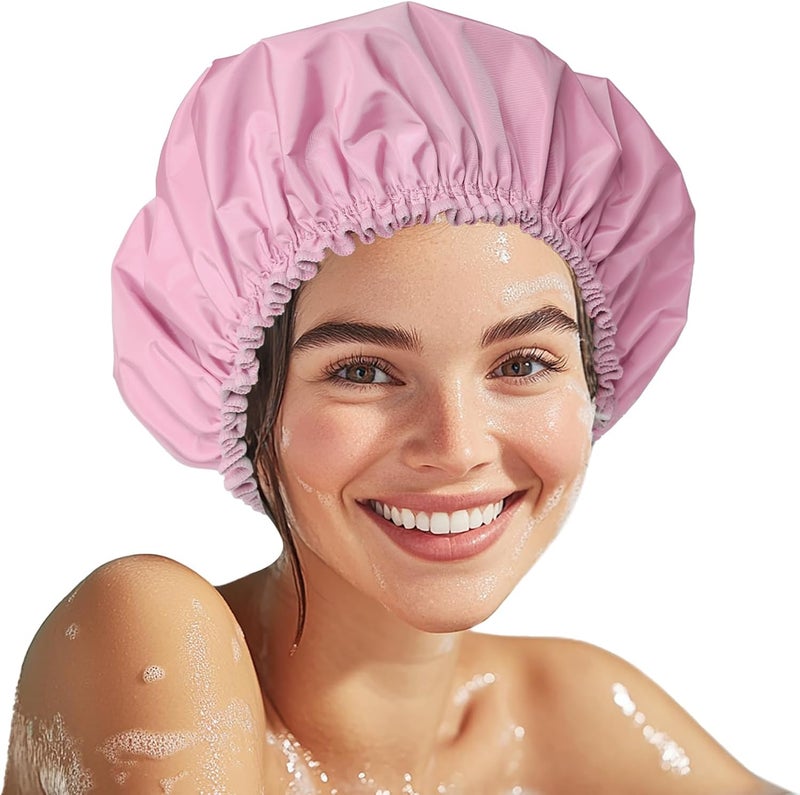 CHFONG Shower Cap for Women, Double Layer Waterproof Bath Cap, Reusable Hair Protector, Large Waterproof Shower Bonnet Washable Elastic Band Bath Hair Hat for Long Hair, Braids， - Purple - Image 1