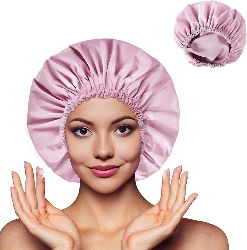 CHFONG Shower Cap for Women, Double Layer Waterproof Bath Cap, Reusable Hair Protector, Large Waterproof Shower Bonnet Washable Elastic Band Bath Hair Hat for Long Hair, Braids， - Purple - Image 2