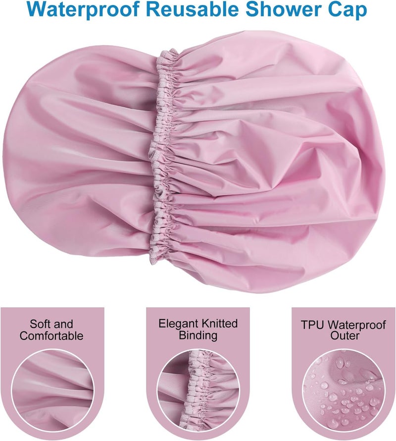 CHFONG Shower Cap for Women, Double Layer Waterproof Bath Cap, Reusable Hair Protector, Large Waterproof Shower Bonnet Washable Elastic Band Bath Hair Hat for Long Hair, Braids， - Purple - Image 5