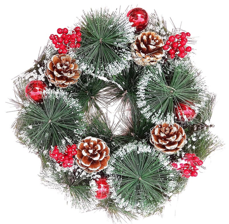 Partunay1 Pcs Pinecone Red Berries Snow Frost Wreath Xmas Christmas Front Door Wall Decoration Christmas Wreath Christmas Decoration Item