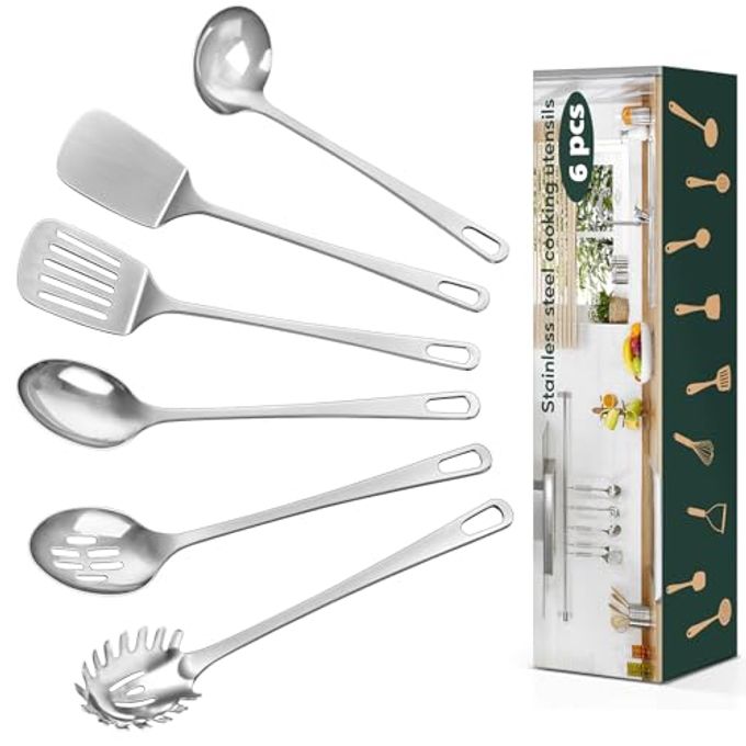 6 Pcs Cooking Utensils Set, Stainless Steel Kitchen Utensils, Heat Resistant Metal Kitchen Tools Include Solid & Slotted Turner Wok Spatula, Serving Spoon, Ladle, Pasta Server, Easy to Clean, Silver