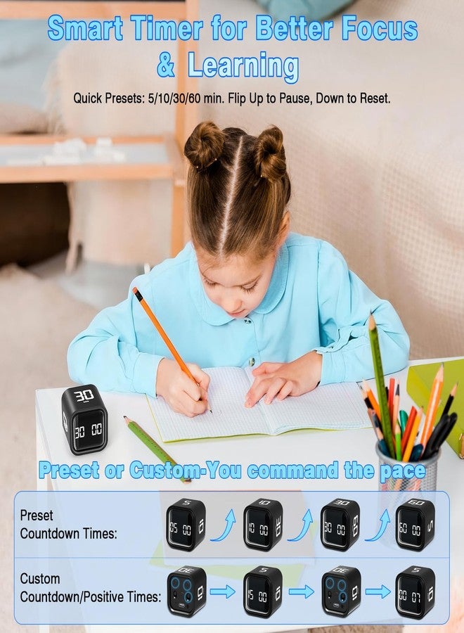 Wbacon Cube Pomodoro Timer, Desk Productivity Timer 5/10/30/60 Minutes & Custom Countdown, Adjustable & Silent Visual Timer, ADHD Tool Flip Rotating Portable Multi Timers for Study Task Work Kitchen School - Image 4