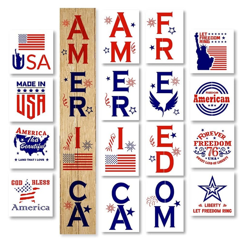 16 PCS 4th of July Patriotic Stencils for Painting on Wood American Flag Stencil Template Memorial Day Decorations Plastic Stencil Alphabet Letters Reusable Painting Stencils for Porch Sign