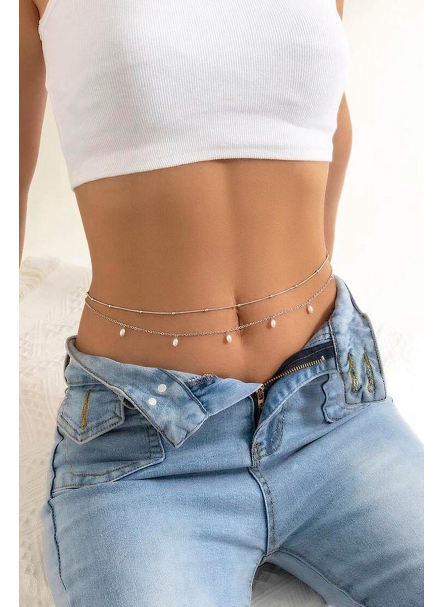 Bahels - Silver Color Pearl Detailed Waist Chain - Image 1