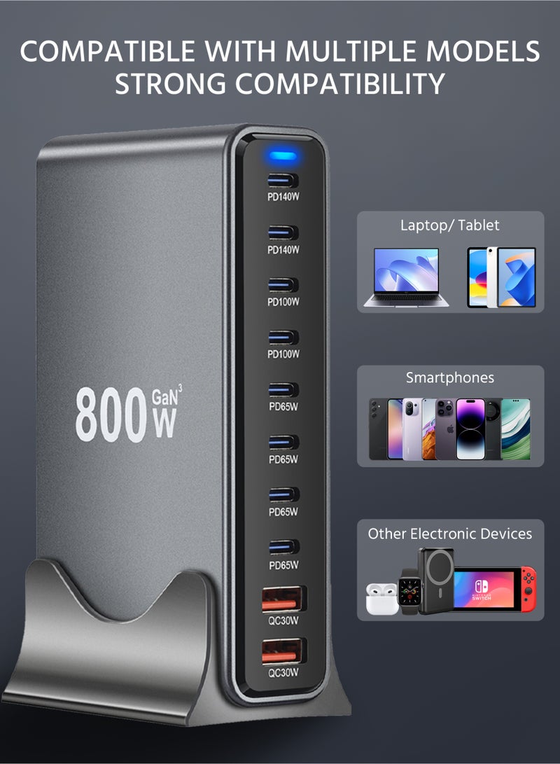 800W USB AUSB C Charger 10 Ports, Multi-ports Desktop Charging Station Power Adapter Laptop Charger, 140W Fast Charge Black - Image 4