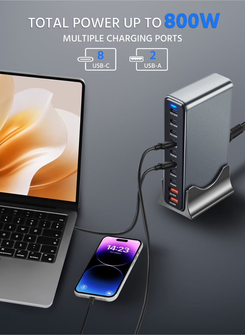 800W USB AUSB C Charger 10 Ports, Multi-ports Desktop Charging Station Power Adapter Laptop Charger, 140W Fast Charge Black - Image 3