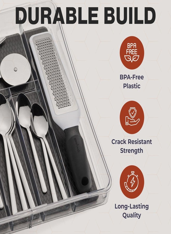 Masirs Expandable Utensil Drawer Organizer - Large Clear Plastic Silverware Cutlery Tray with Multiple Compartments - Durable Non-Slip Kitchen Bathroom Office Storage Solution for Many Size Drawers (Black) - Image 4