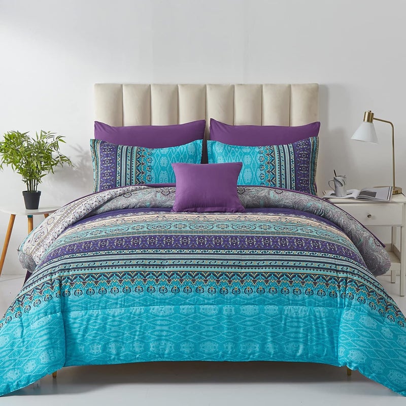 Cottolester Boho Comforter Set King Size 8 Piece Bed in a Bag Bohemian Striped Bedding Quilt Set Aqua Paisley Floral Comforter and Sheet Set,Soft Microfiber Complete Bedding Sets for All Season - Image 1