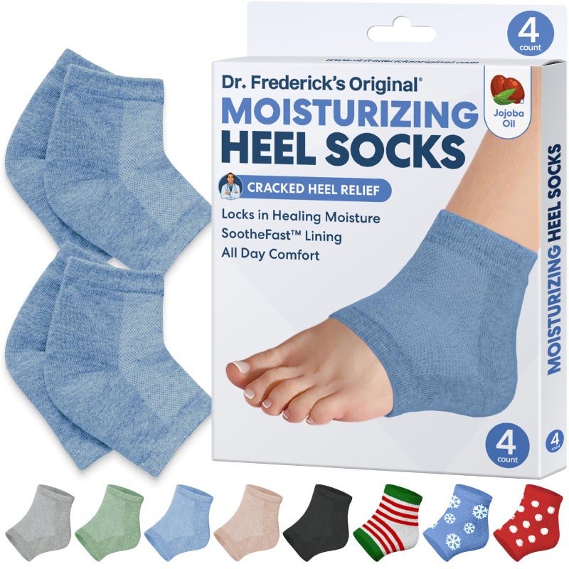 Dr. Frederick's Original Moisturizing Heel Socks for Dry Cracked Heels Treatment - Infused with Jojoba Oil, Mint Oil and Vitamin E - 2 Pairs - Stocking Stuffers for Adults - Blue Jojoba - Image 1