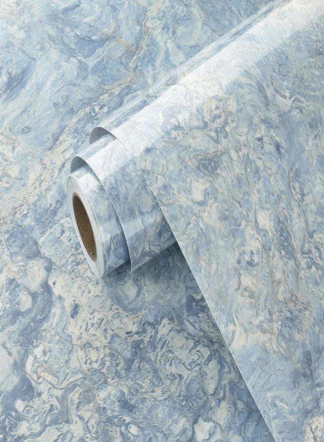 Wallercity Glossy Abstract Cream Blue Marble Contact Paper for Countertops Thick Waterproof Shiny Marble Wallpaper for Kitchen Backsplash 15.8''x236'' Self Adhesive Countertop Vinyl Wrap for Table Top - Image 1