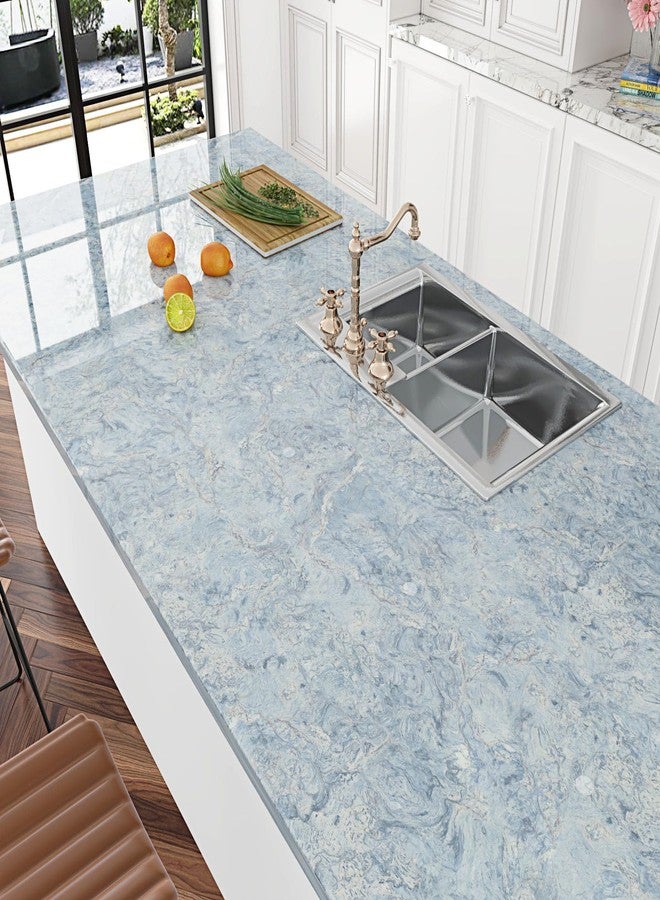 Wallercity Glossy Abstract Cream Blue Marble Contact Paper for Countertops Thick Waterproof Shiny Marble Wallpaper for Kitchen Backsplash 15.8''x236'' Self Adhesive Countertop Vinyl Wrap for Table Top - Image 2