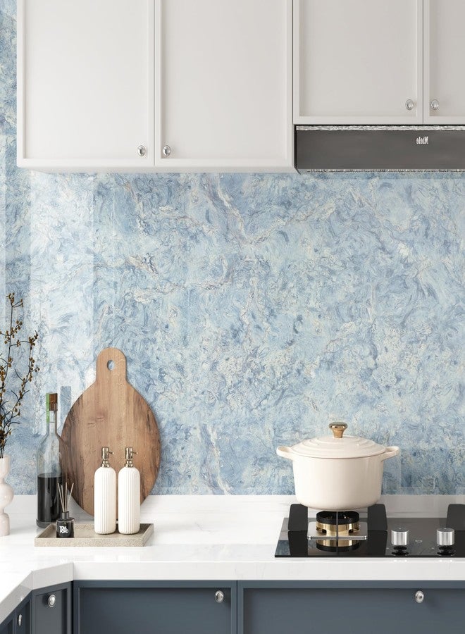Wallercity Glossy Abstract Cream Blue Marble Contact Paper for Countertops Thick Waterproof Shiny Marble Wallpaper for Kitchen Backsplash 15.8''x236'' Self Adhesive Countertop Vinyl Wrap for Table Top - Image 3