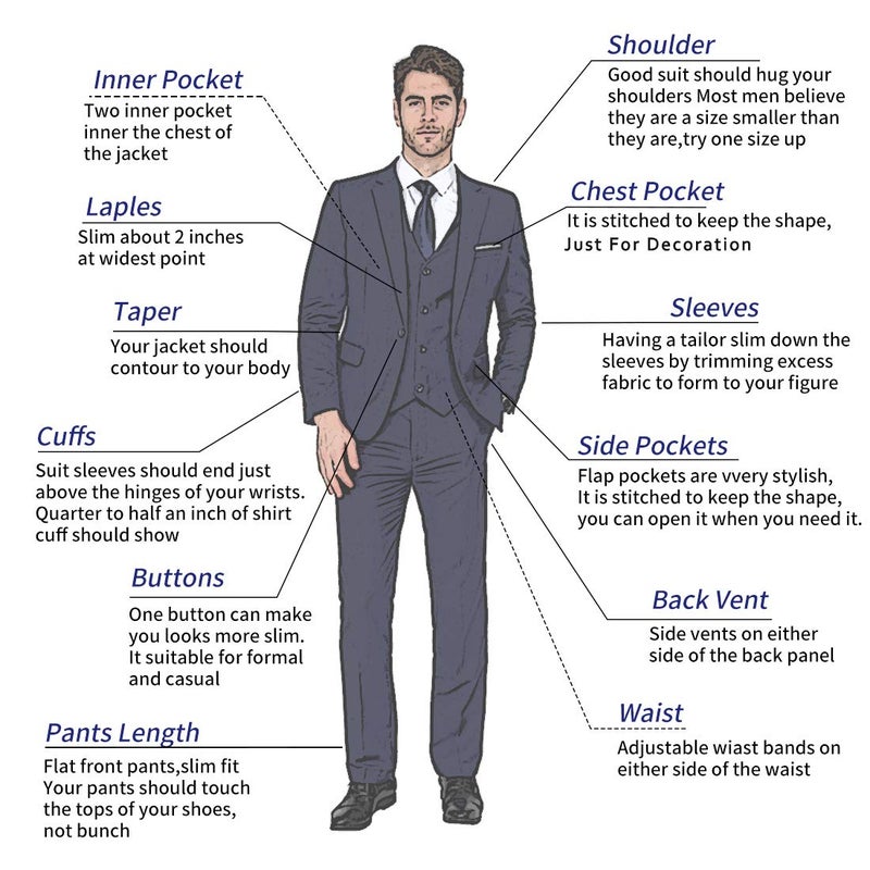 MAGE MALE Men's 3 Pieces Suit Elegant Solid One Button Slim Fit Single Breasted Party Blazer Vest Pants Set Light Blue - Image 3