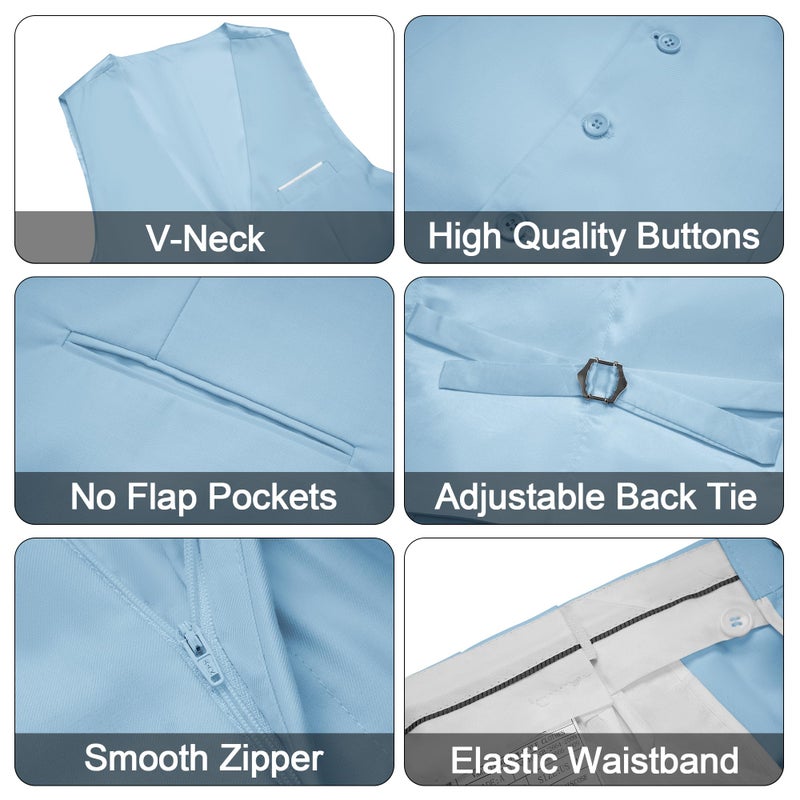 MAGE MALE Men's 3 Pieces Suit Elegant Solid One Button Slim Fit Single Breasted Party Blazer Vest Pants Set Light Blue - Image 5