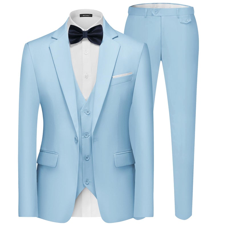 MAGE MALE Men's 3 Pieces Suit Elegant Solid One Button Slim Fit Single Breasted Party Blazer Vest Pants Set Light Blue - Image 1