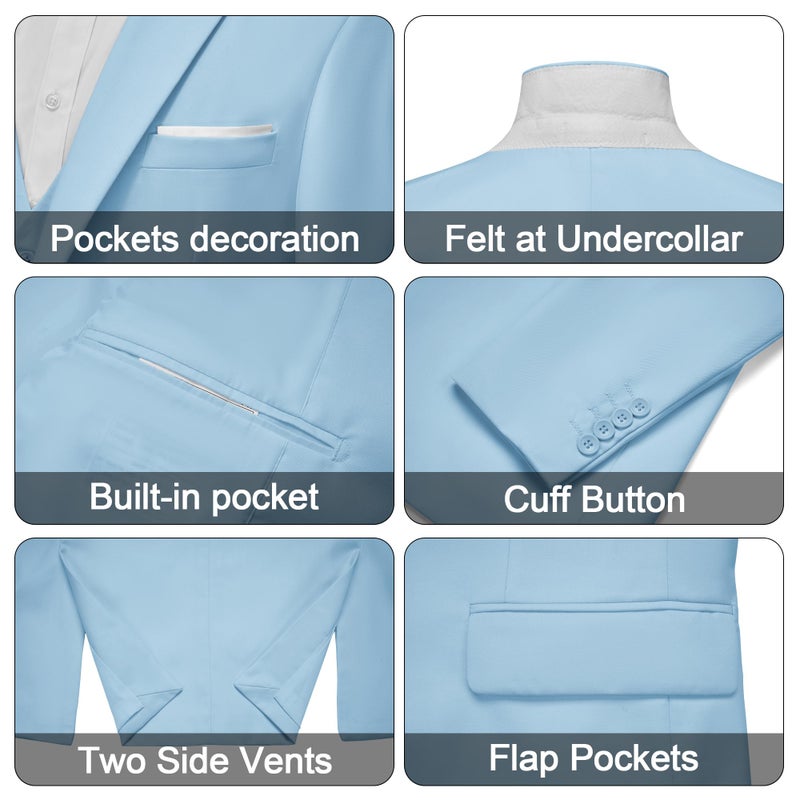 MAGE MALE Men's 3 Pieces Suit Elegant Solid One Button Slim Fit Single Breasted Party Blazer Vest Pants Set Light Blue - Image 4