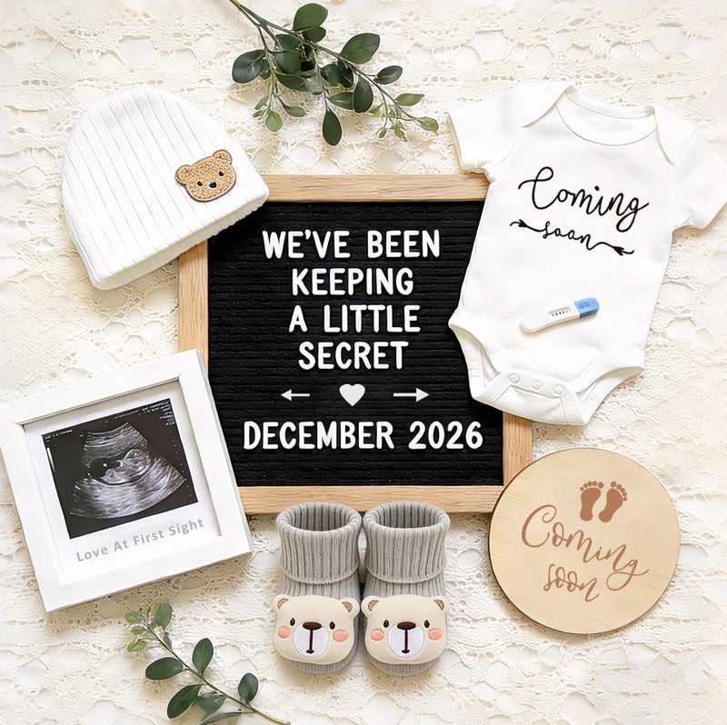 TUOWITA Pregnancy Announcement Baby Announcements Ideas Set Include Announcement Board Baby Onesie Baby Booties Beanie Hat Photo Frame and Wood Sign Baby Coming Soon Announcement Baby Announcement Props - Image 2