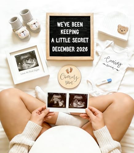 TUOWITA Pregnancy Announcement Baby Announcements Ideas Set Include Announcement Board Baby Onesie Baby Booties Beanie Hat Photo Frame and Wood Sign Baby Coming Soon Announcement Baby Announcement Props - Image 3