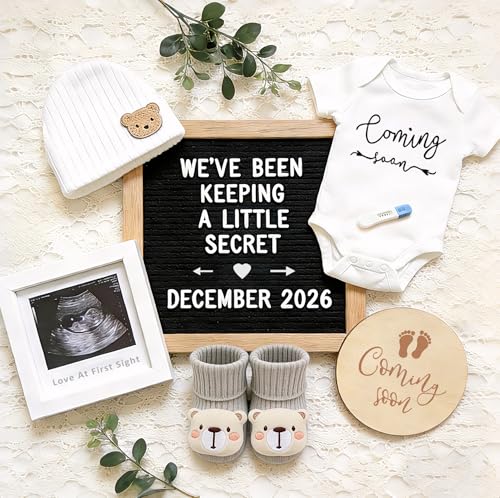 TUOWITA Pregnancy Announcement Baby Announcements Ideas Set Include Announcement Board Baby Onesie Baby Booties Beanie Hat Photo Frame and Wood Sign Baby Coming Soon Announcement Baby Announcement Props - Image 1