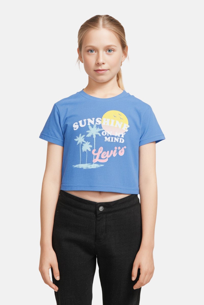 Levi's Kids Girl Round Neck Short Sleeve Graphic Print Top, Light Blue - Image 1