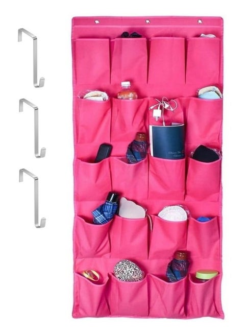 Hanging Shoe Organizer with 20 Pockets and 3 Hooks for Hanging - Fuchsia