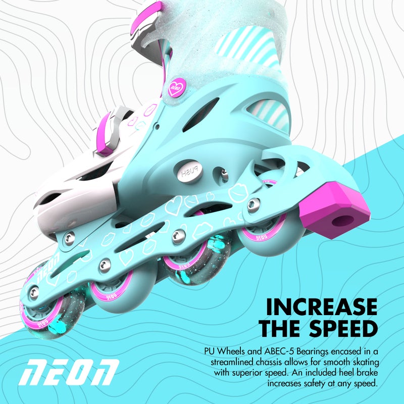 Neon يولفوشن نيون كومبو كواد وزلاجات إنلاين 2 في 1 - أزرق مائل إلى الأخضر | زلاجات قابلة للتعديل للأطفال | تتحول من وضع التعلم إلى وضع الإنلاين | لا حاجة لأدوات | المقاسات الأمريكية 12-2 (NT09T4) - Image 4
