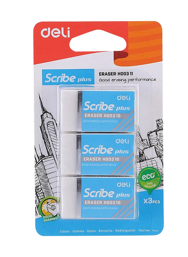 DELI ERASER 40×22×12MM (3PCS/BLISTER) WHITE EH00311