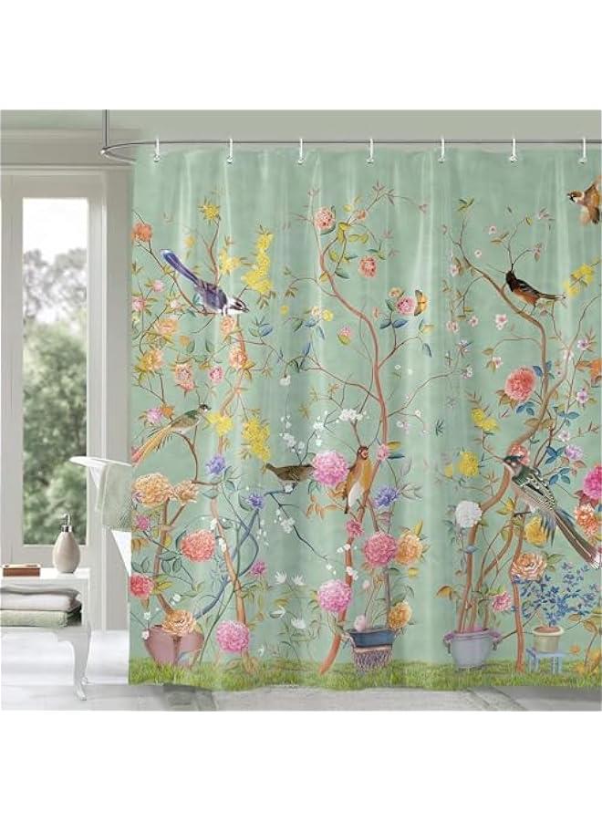 Green Mold-Resistant Bird Floral Shower Curtain with 12 Hooks - Waterproof, Quick-Drying, Weighted - 180x180cm (71x71 Inch) Polyester Curtain for Bathroom - Image 1