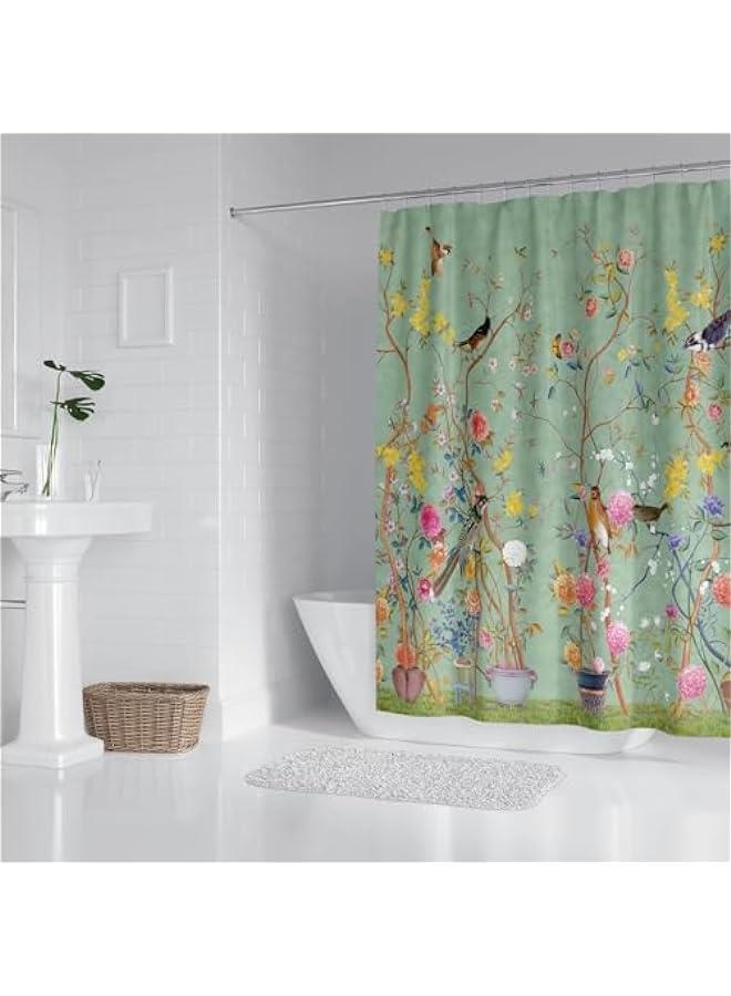 Green Mold-Resistant Bird Floral Shower Curtain with 12 Hooks - Waterproof, Quick-Drying, Weighted - 180x180cm (71x71 Inch) Polyester Curtain for Bathroom - Image 2