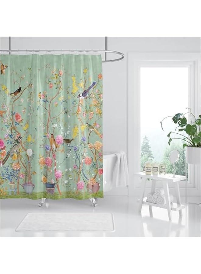 Green Mold-Resistant Bird Floral Shower Curtain with 12 Hooks - Waterproof, Quick-Drying, Weighted - 180x180cm (71x71 Inch) Polyester Curtain for Bathroom - Image 3