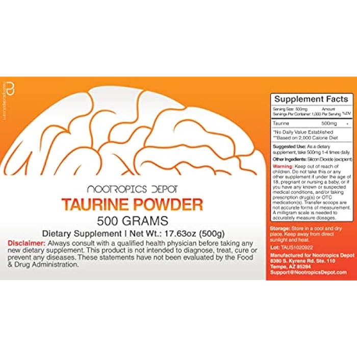 Nootropics Depot Taurine Powder | 500 Grams | Amino Acid Supplement | Supports Healthy Metabolic Function, Cardiovascular Health, and Healthy Stress Levels - Image 2