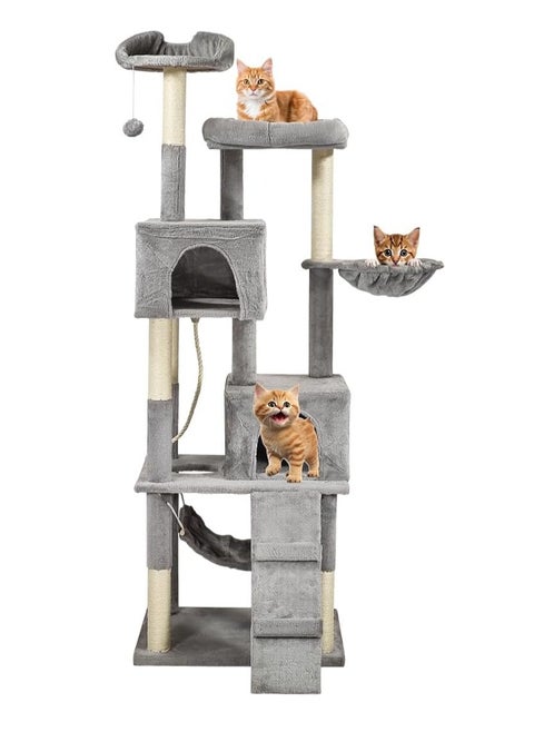 Indoor cat tree tower, Cat playground with Scratching posts, Cat Condo, and Climbing ladder, 180 cm tall cat tower, Cat tree activity center with Cozy hammocks, Easy to assemble, (Grey)