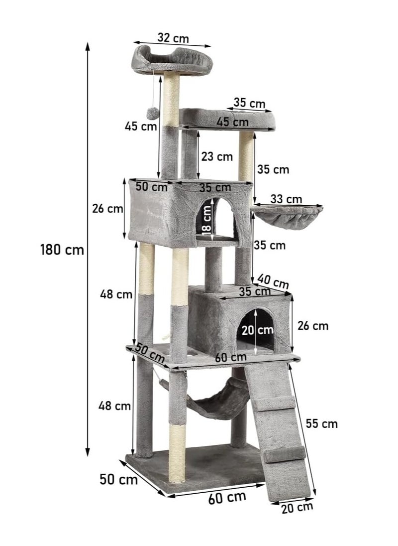 NNC PETS - Indoor cat tree tower, Cat playground with Scratching posts, Cat Condo, and Climbing ladder, 180 cm tall cat tower, Cat tree activity center with Cozy hammocks, Easy to assemble, (Grey) - Image 1