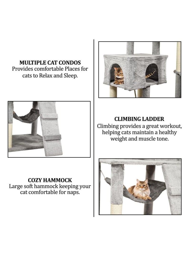 NNC PETS - Indoor cat tree tower, Cat playground with Scratching posts, Cat Condo, and Climbing ladder, 180 cm tall cat tower, Cat tree activity center with Cozy hammocks, Easy to assemble, (Grey) - Image 1