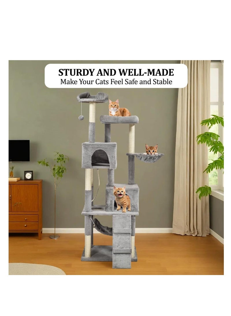 NNC PETS - Indoor cat tree tower, Cat playground with Scratching posts, Cat Condo, and Climbing ladder, 180 cm tall cat tower, Cat tree activity center with Cozy hammocks, Easy to assemble, (Grey) - Image 1