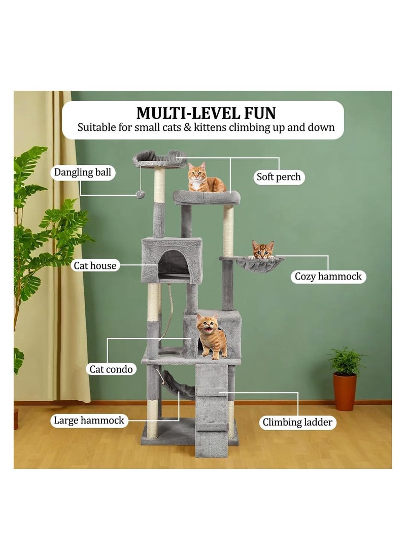 NNC PETS - Indoor cat tree tower, Cat playground with Scratching posts, Cat Condo, and Climbing ladder, 180 cm tall cat tower, Cat tree activity center with Cozy hammocks, Easy to assemble, (Grey) - Image 1