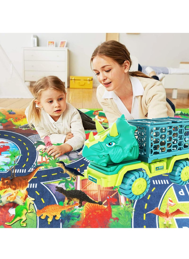 YelaJoy ألعاب شاحنة الديناصورات، شاحنة نقل سيارة تيرانوصور، مع 8 أشكال دينو، سجادة لعب للأنشطة، بيض الديناصورات، مجموعة لعب الديناصورات الجوراسية للأطفال من عمر 3 إلى 7 سنوات  - Image 2