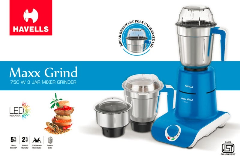 Havells Maxx Grind 750 watt Mixer Grinder with 3 Wider Mouth Stainless Steel Jar, Hands Free Operation, SS-304 Grade Blade, Overload Indicator & 5 Year Motor Warranty (Blue). - Image 2