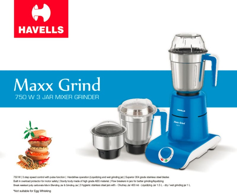 Havells Maxx Grind 750 watt Mixer Grinder with 3 Wider Mouth Stainless Steel Jar, Hands Free Operation, SS-304 Grade Blade, Overload Indicator & 5 Year Motor Warranty (Blue). - Image 3