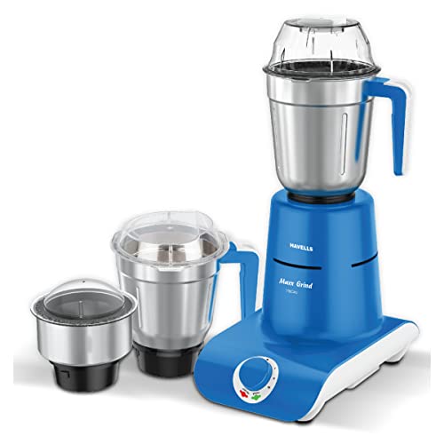 Havells Maxx Grind 750 watt Mixer Grinder with 3 Wider Mouth Stainless Steel Jar, Hands Free Operation, SS-304 Grade Blade, Overload Indicator & 5 Year Motor Warranty (Blue). - Image 1