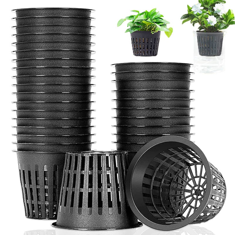 Panxxsen Net Pot 3 Inch Black 50 PCS Heavy Duty Slotted Mesh Hydroponic Cups Garden Plastic Plant Nursery Indoor Use