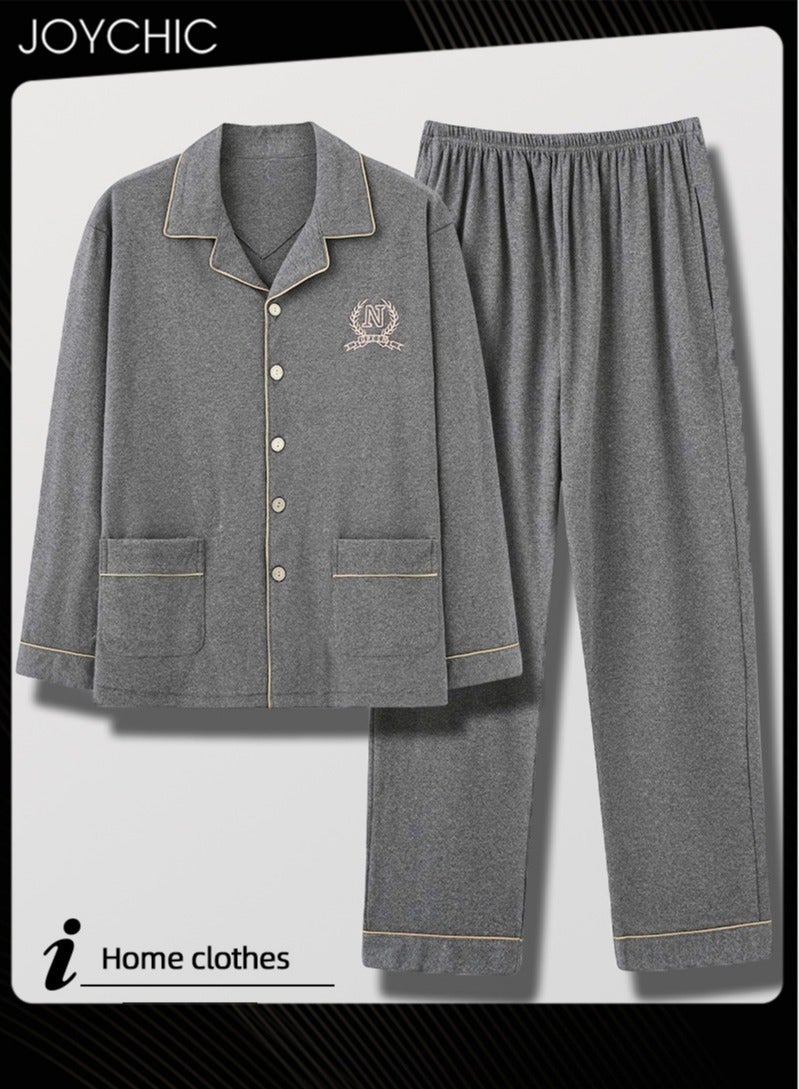 Joychic طقم بيجاما كلاسيكي للرجال من القطن الخالص دافئ ومقاوم للرياح بأكمام طويلة كاردigan ملابس منزلية شبابية بياقة للنوم لفصل الربيع والخريف والشتاء رمادي - Image 2