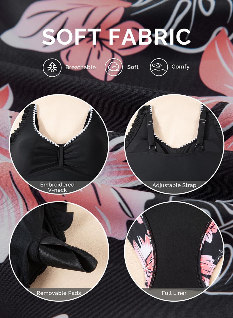 Aleumdr Womens Tankini Bathing Suit Modest Two Piece Swimsuit Ruffle V Neck Swim Tank Top with High Waisted Bottom Black Large - Image 5
