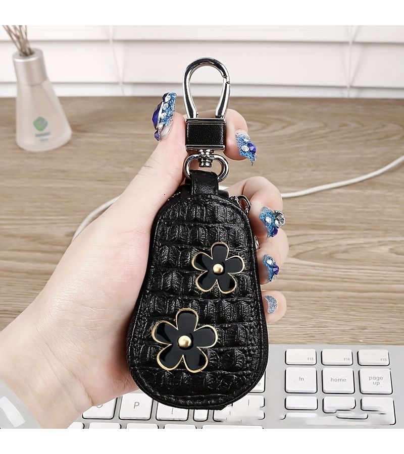 Floral Pattern PU Leather Car Key Pouch Household Key Holder Zipper Style Key Storage Decoration For Women Black - Image 5