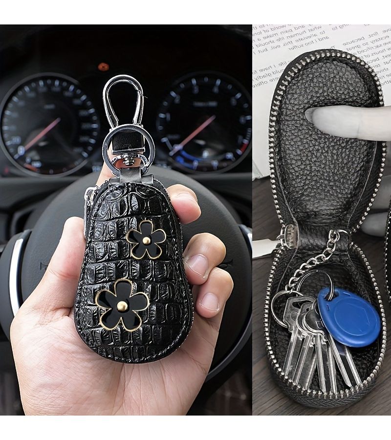 Floral Pattern PU Leather Car Key Pouch Household Key Holder Zipper Style Key Storage Decoration For Women Black - Image 3