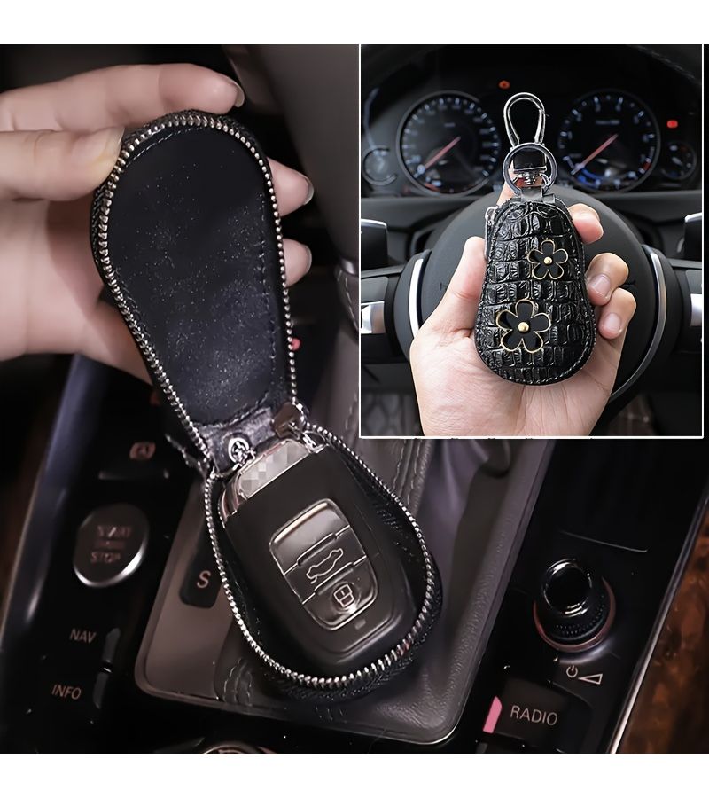 Floral Pattern PU Leather Car Key Pouch Household Key Holder Zipper Style Key Storage Decoration For Women Black - Image 2
