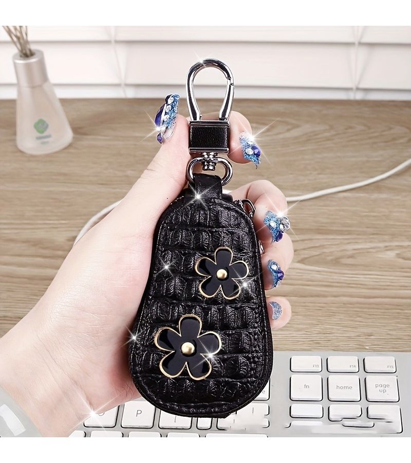 Floral Pattern PU Leather Car Key Pouch Household Key Holder Zipper Style Key Storage Decoration For Women Black - Image 1