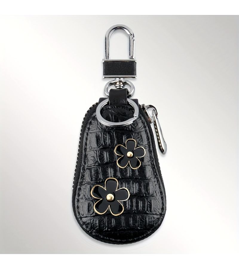 Floral Pattern PU Leather Car Key Pouch Household Key Holder Zipper Style Key Storage Decoration For Women Black - Image 4