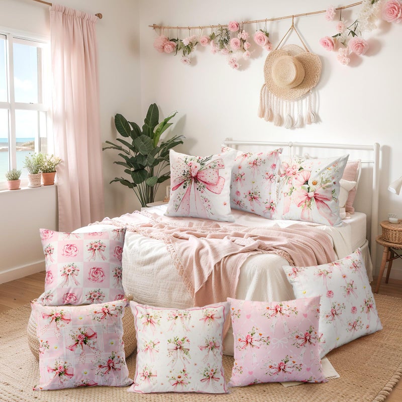 SmoothNovelty 8 Pcs 18x18 Inch Pink Bow Floral Pillow Covers Cute Coquette Room Decor Bow Knot Aesthetic Girly Pillowcase Set Watercolor Aesthetic Preppy Grandmillennial Room Decoration Bedroom Sofa Decor - Image 5