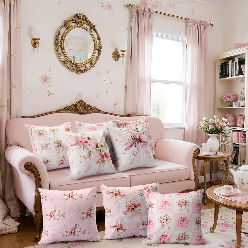 SmoothNovelty 8 Pcs 18x18 Inch Pink Bow Floral Pillow Covers Cute Coquette Room Decor Bow Knot Aesthetic Girly Pillowcase Set Watercolor Aesthetic Preppy Grandmillennial Room Decoration Bedroom Sofa Decor - Image 4